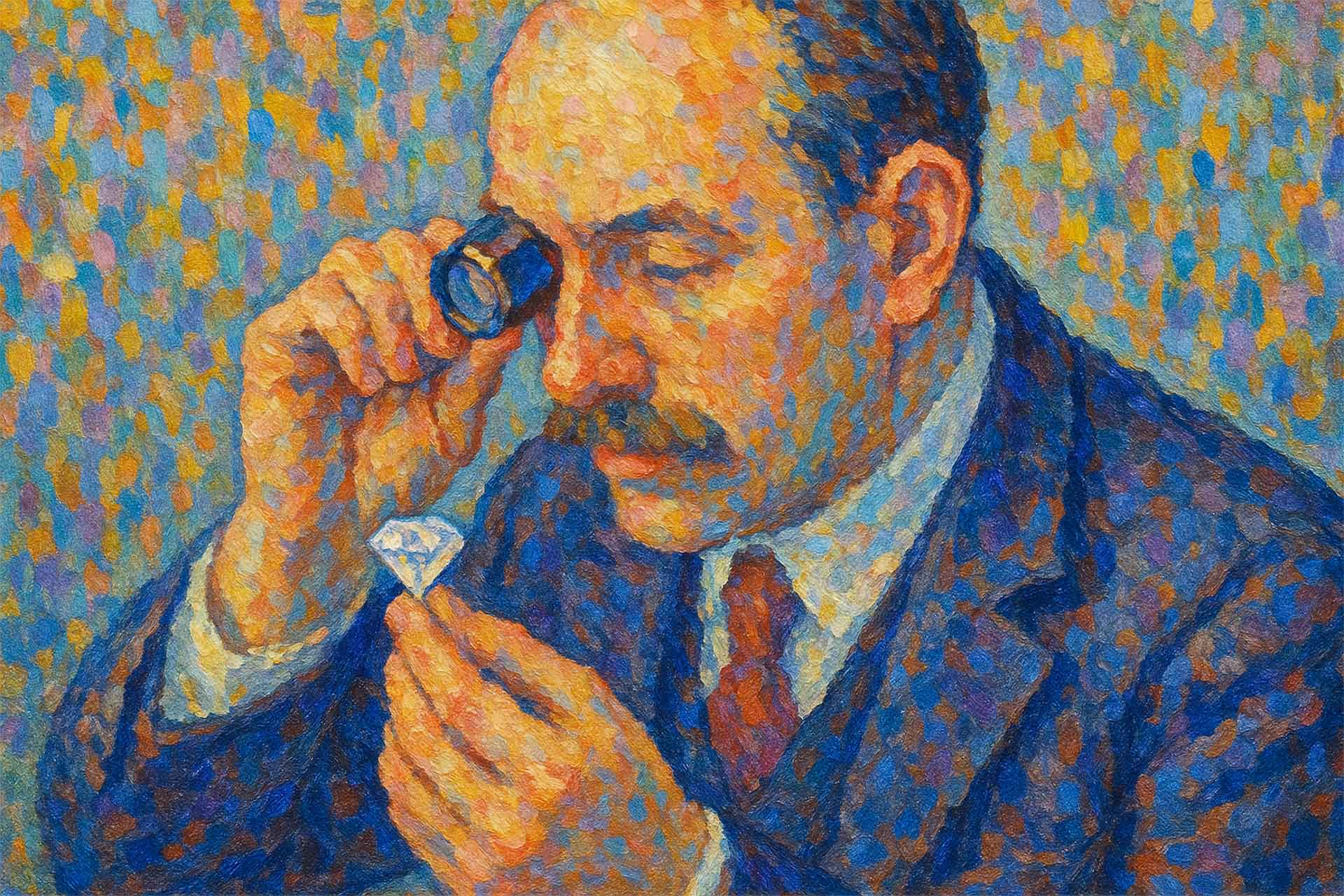 A specialist eximining a diamond illustration