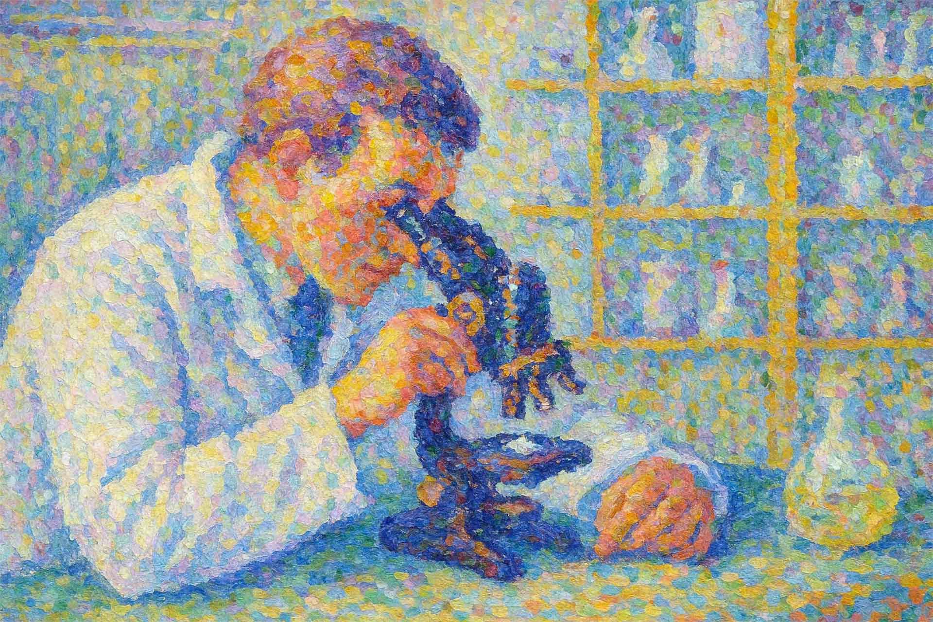 An illustration of a person looking at a diamond in a microsopce