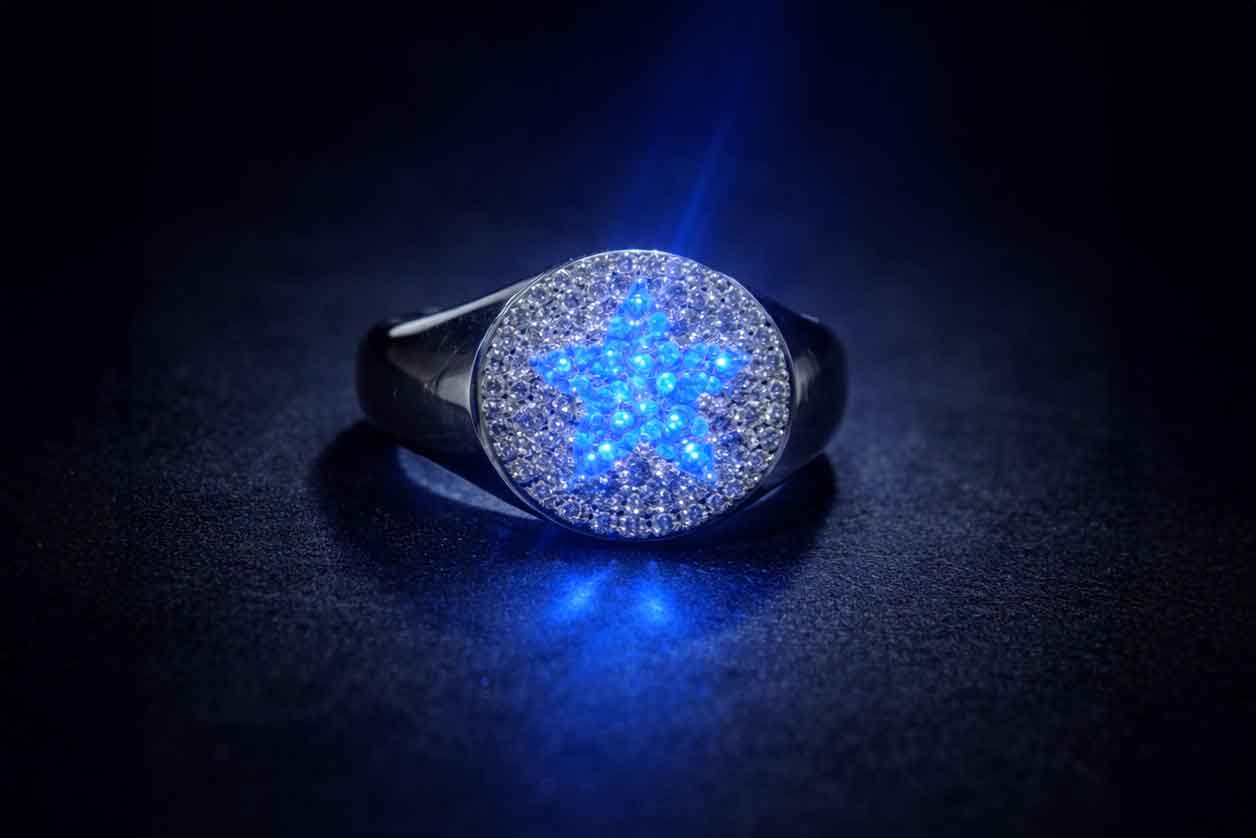 A ring with effect of fluorescence on some stones