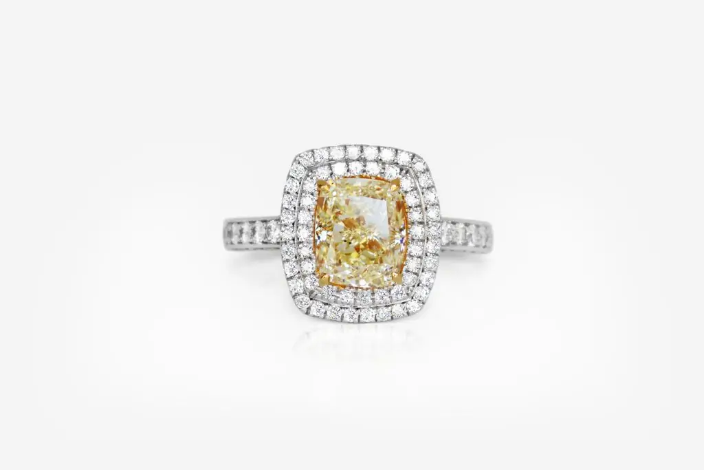 2.02 carat Fancy Yellow VS2 Ring Cushion Shape Diamond HRD