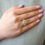 2.55 carat Fancy Intense Olive-Yellow Square Emerald Diamond Ring HRD on Woman's Hand