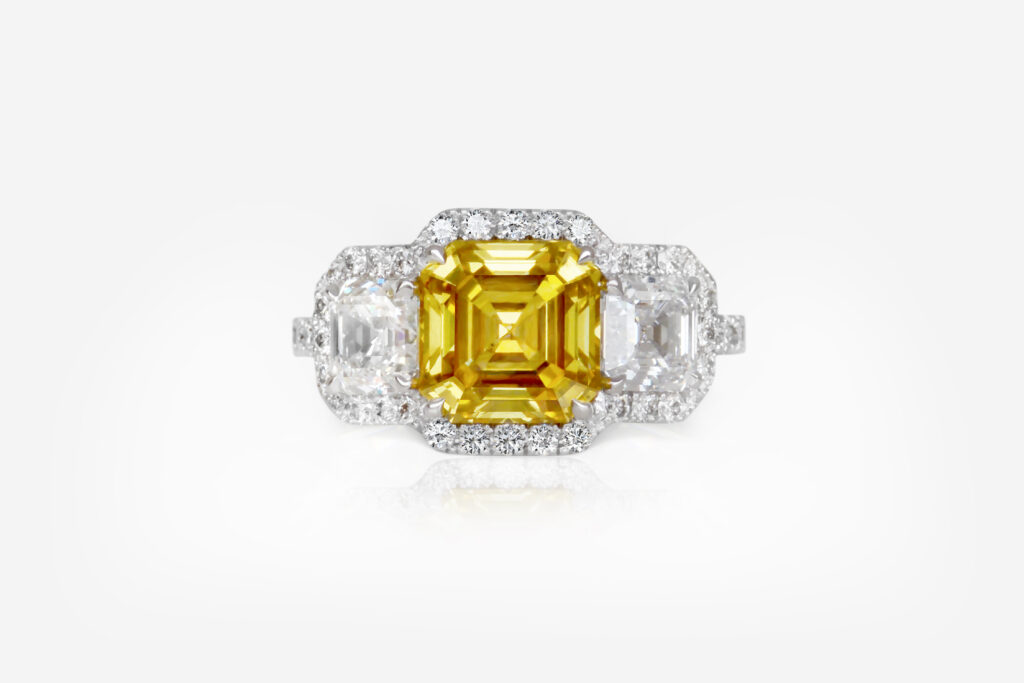 2.55 carat Fancy Intense Olive-Yellow Square Emerald Diamond Ring HRD