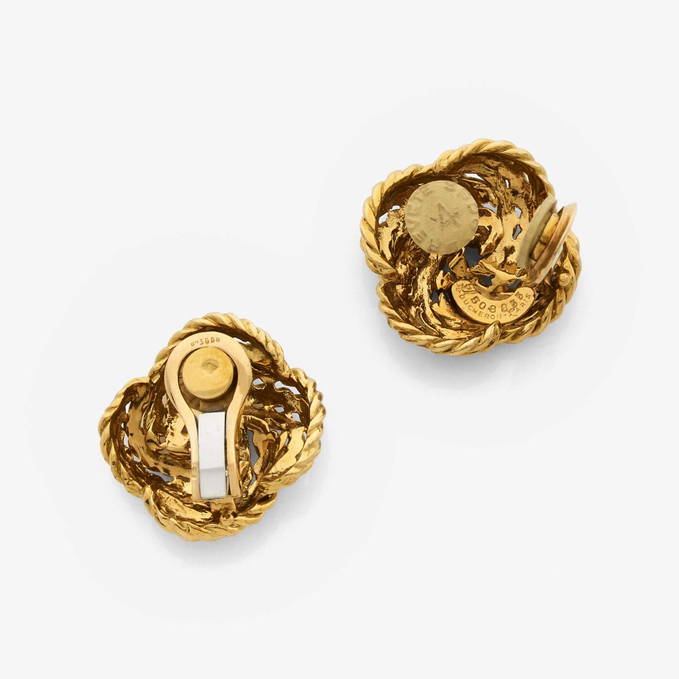 Vintage Boucheron Woven Gold Quatrefoil Ear Clips Back View