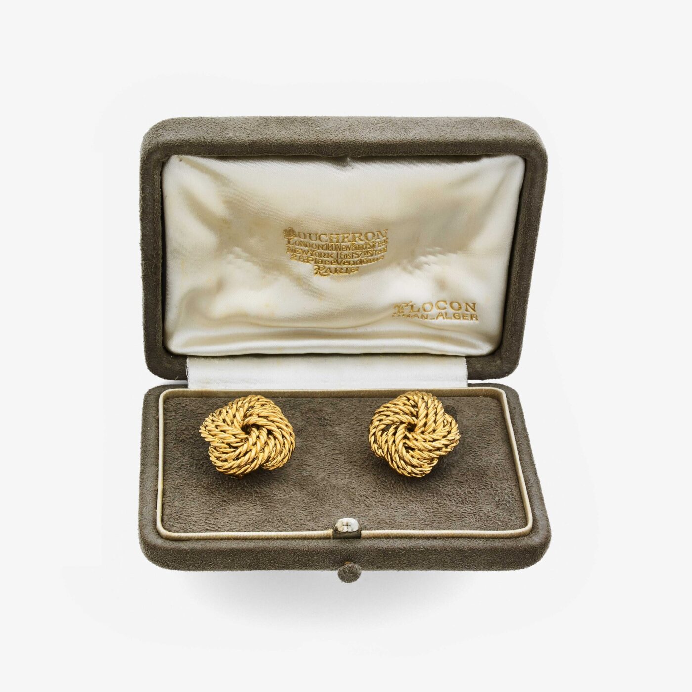 Vintage Boucheron Woven Gold Quatrefoil Ear Clips in the Box