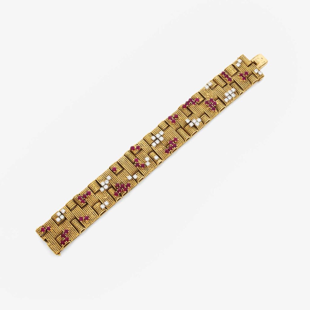 Vintage Ruby Diamond Twisted Ribbon Gold Bracelet 1970s