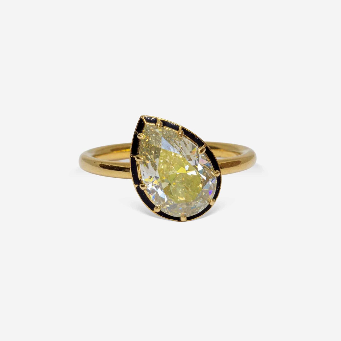 3.05ct Pear Fancy Light Brownish Greenish Yellow Diamond Ring on Gray Background