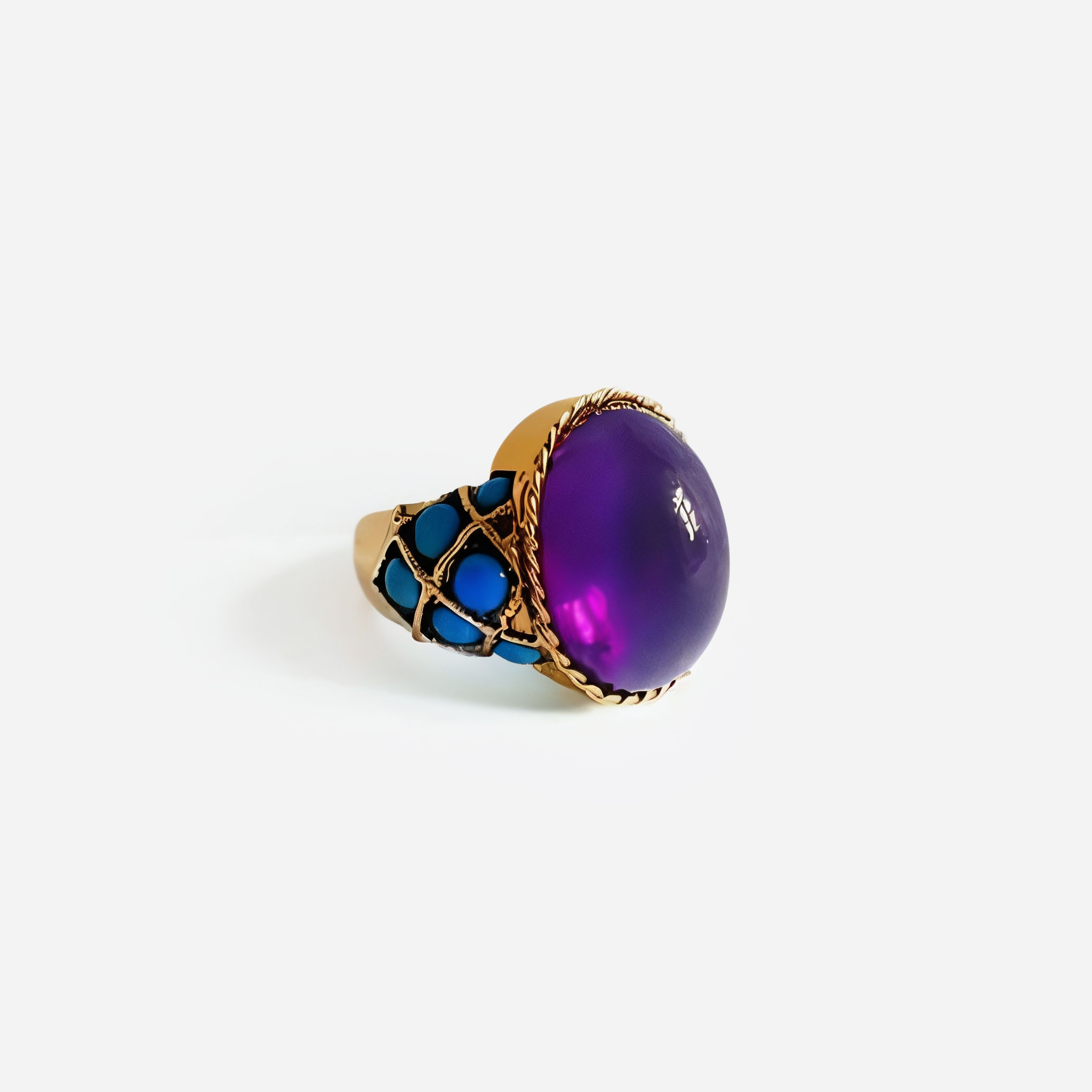 18k Yellow Gold Ring with Amethyst and Turquoises