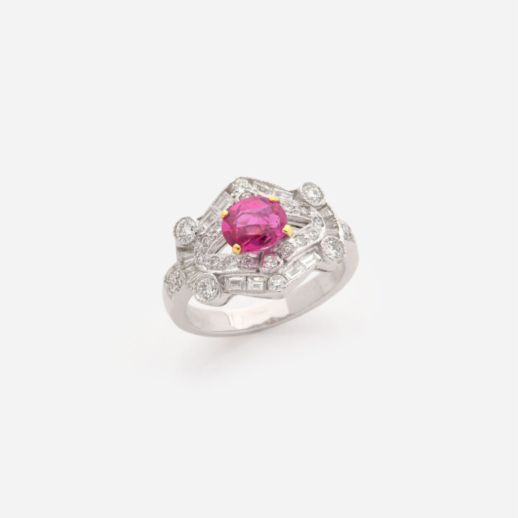 8k White Gold Ring with Burmese Ruby and Diamonds