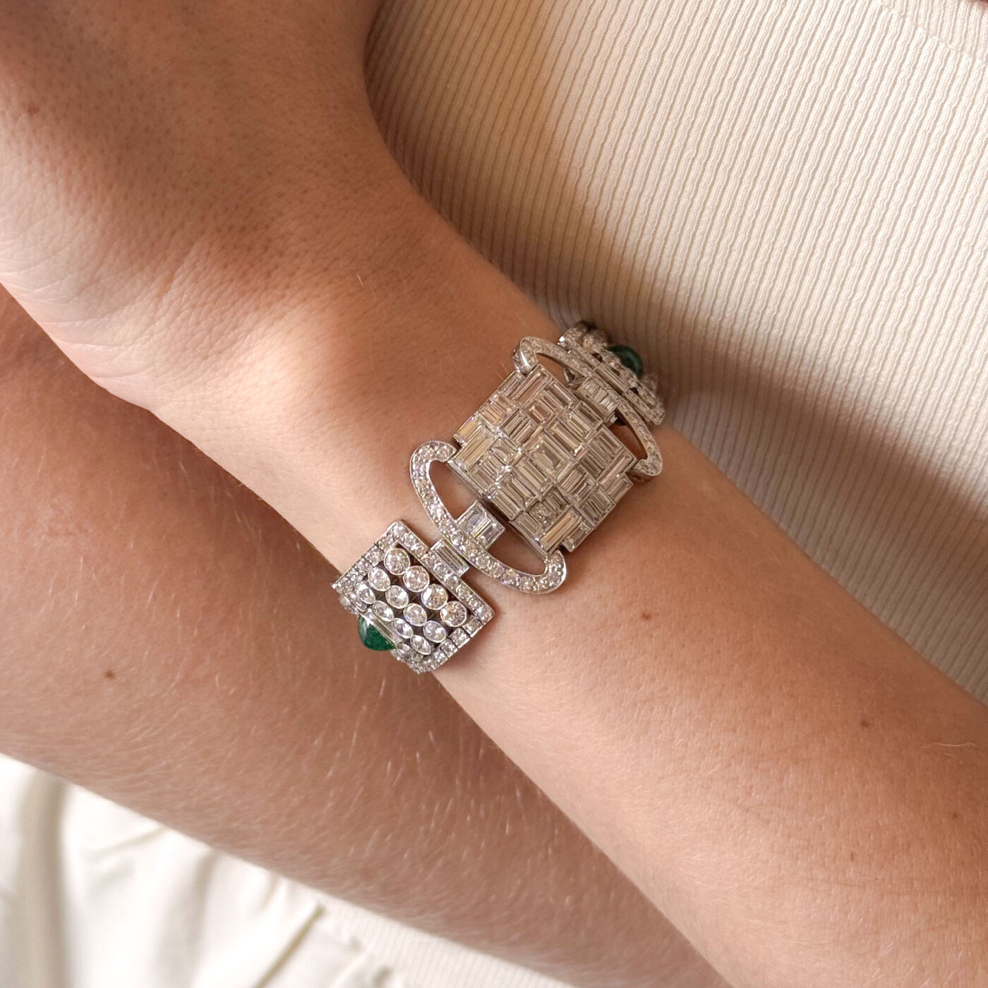 Art Deco Platinum Diamond and Emerald Ribbon Bracelet On Hand