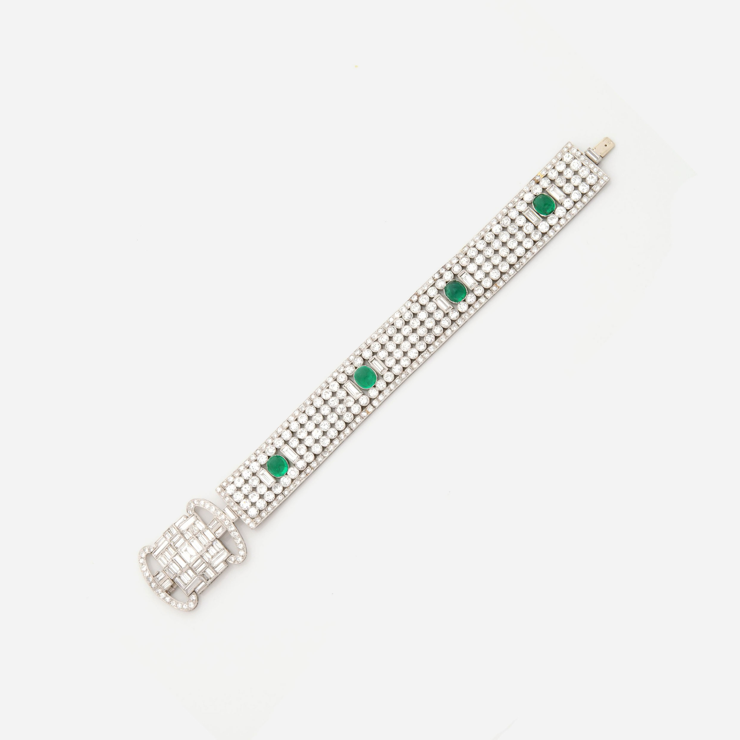 Art Deco Platinum Diamond and Emerald Ribbon Bracelet