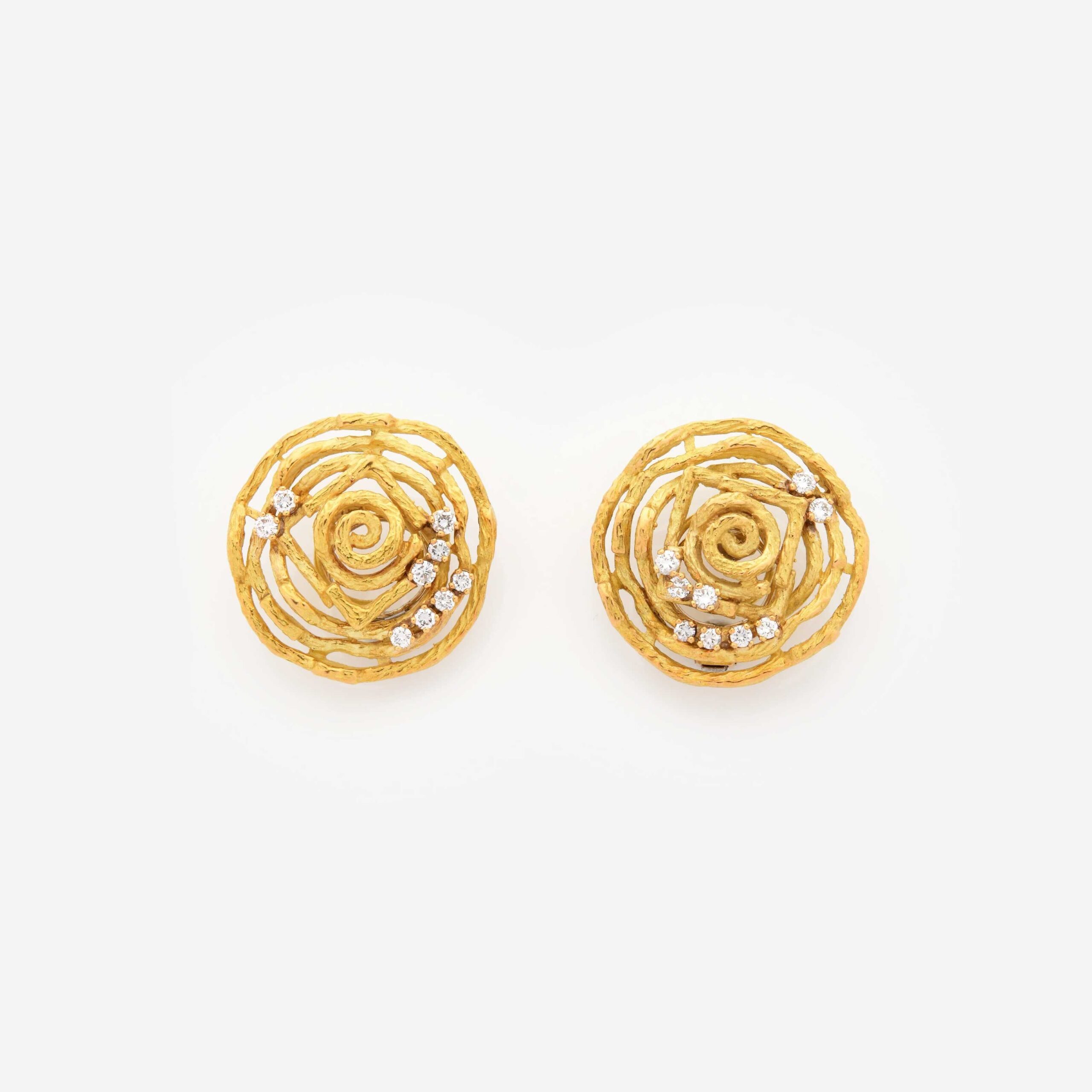 Chaumet 18K Gold Earclips with Brushed Finish and Diamonds, circa 1970