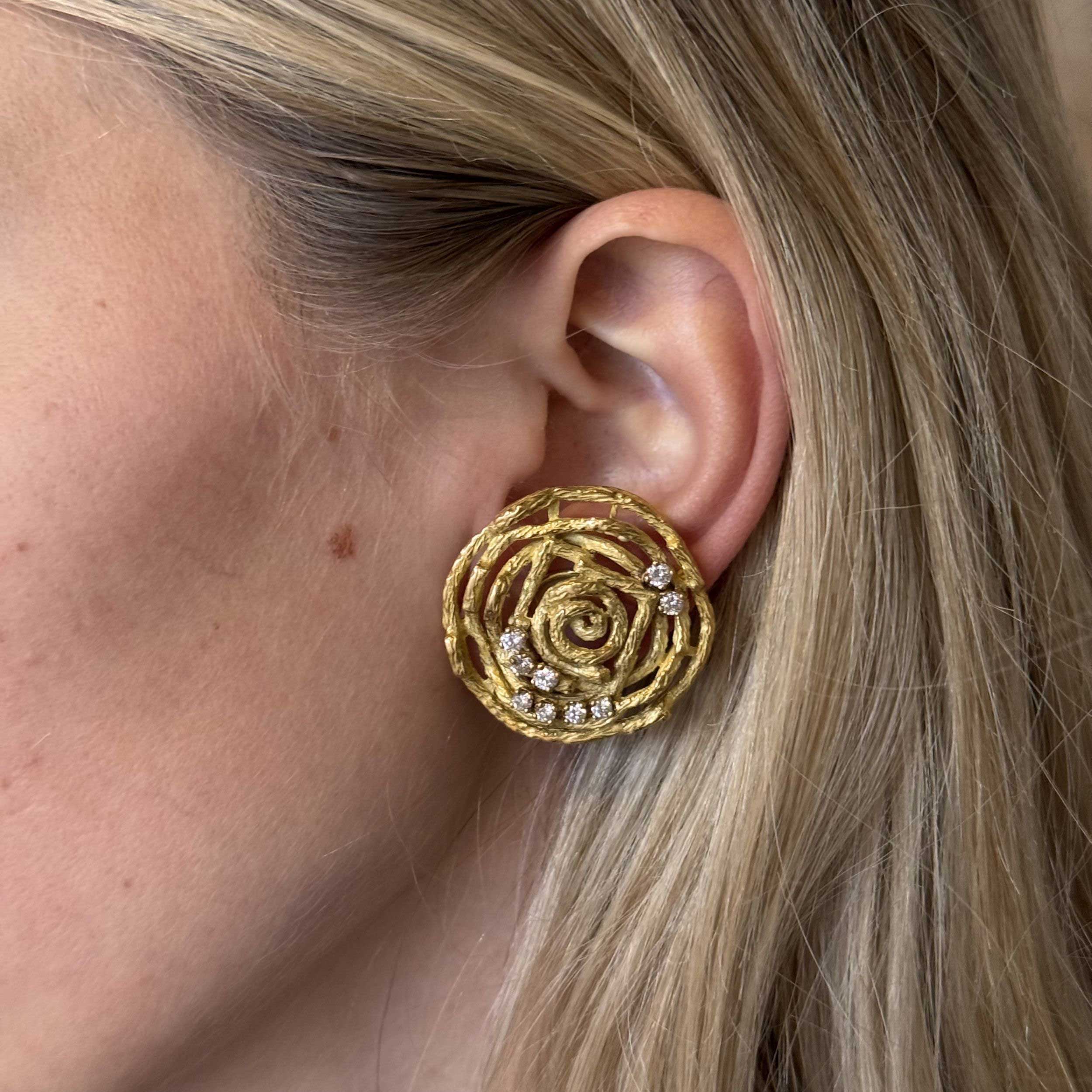 Chaumet 18K Gold Earclips with Brushed Finish and Diamonds, circa 1970 on ear