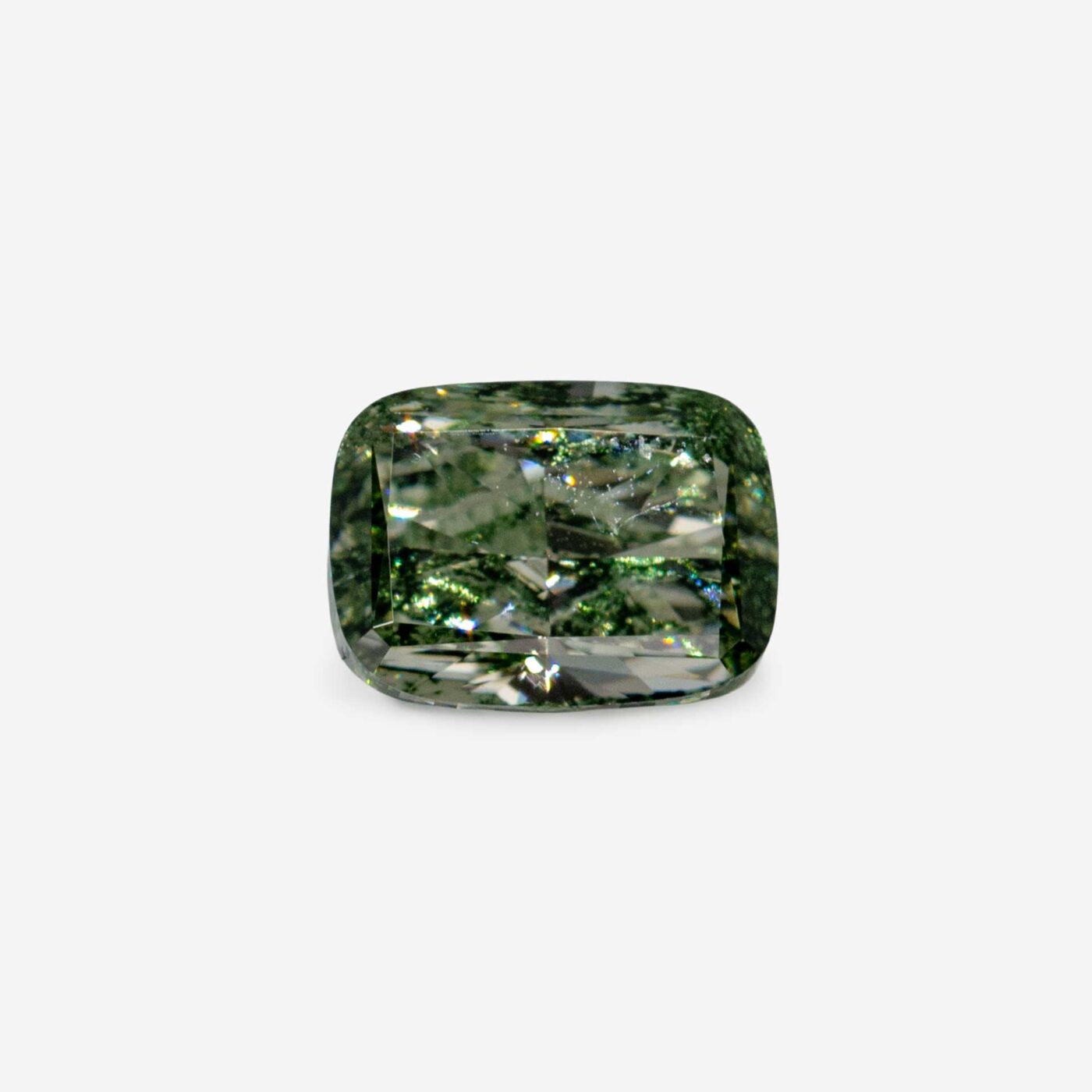 2.16 Ct Fancy Grayish Green Cushion Modified Brilliant Natural Diamond On Gray Background