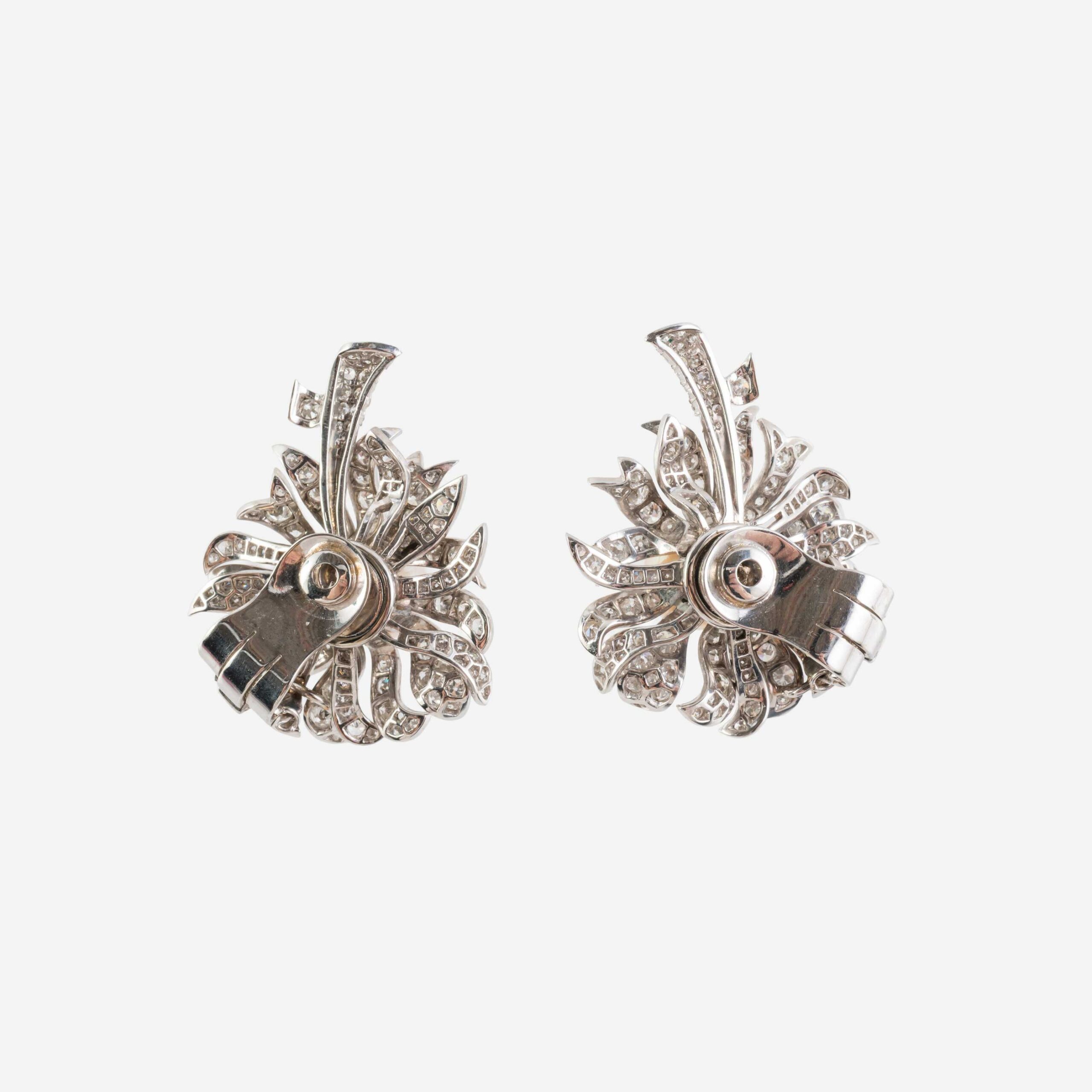 Pair of Pearl and Diamond Flower Earrings, Attributed to Boucheron Back View