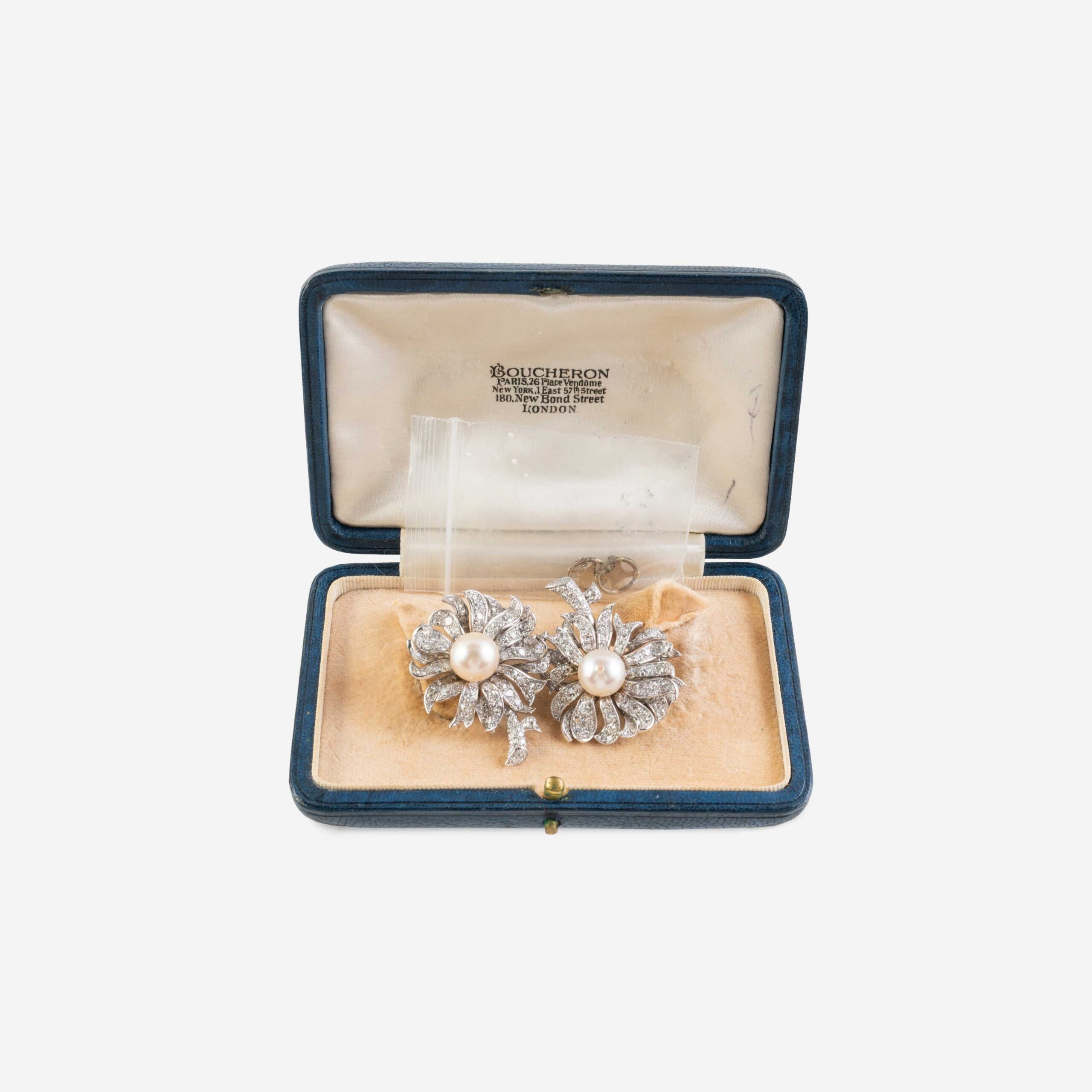 Pair of Pearl and Diamond Flower Earrings, Attributed to Boucheron in Brand Box