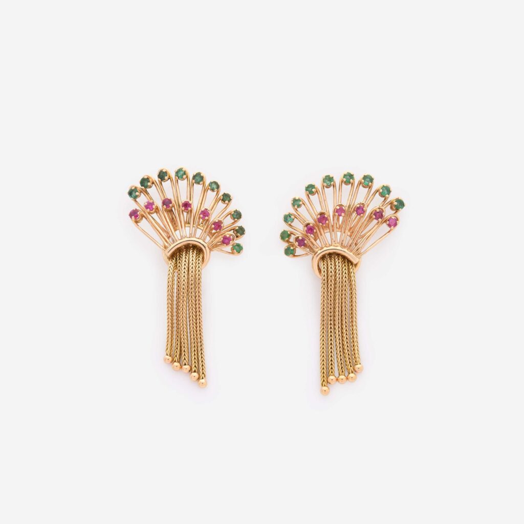Retro 18K Gold Fan Earrings with Ruby, Emerald and Fringe Detail