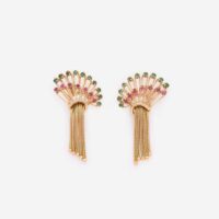 Retro 18K Gold Fan Earrings with Ruby, Emerald and Fringe Detail