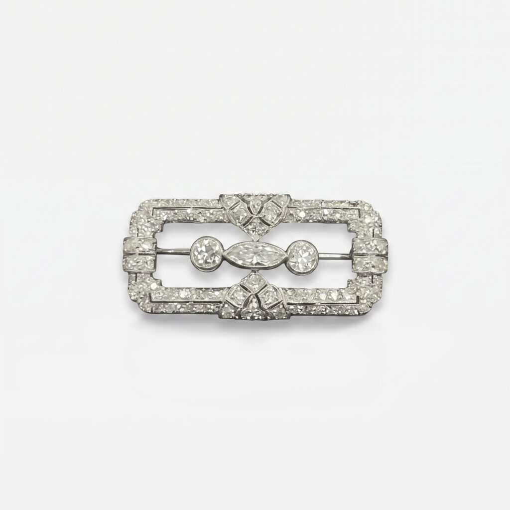 Art Déco Diamond Brooch with Navette and Old-Cut Diamonds in White Gold