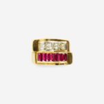18K Yellow Gold Tank Ring with Calibrated Rubies and Old-Cut Diamonds Front View