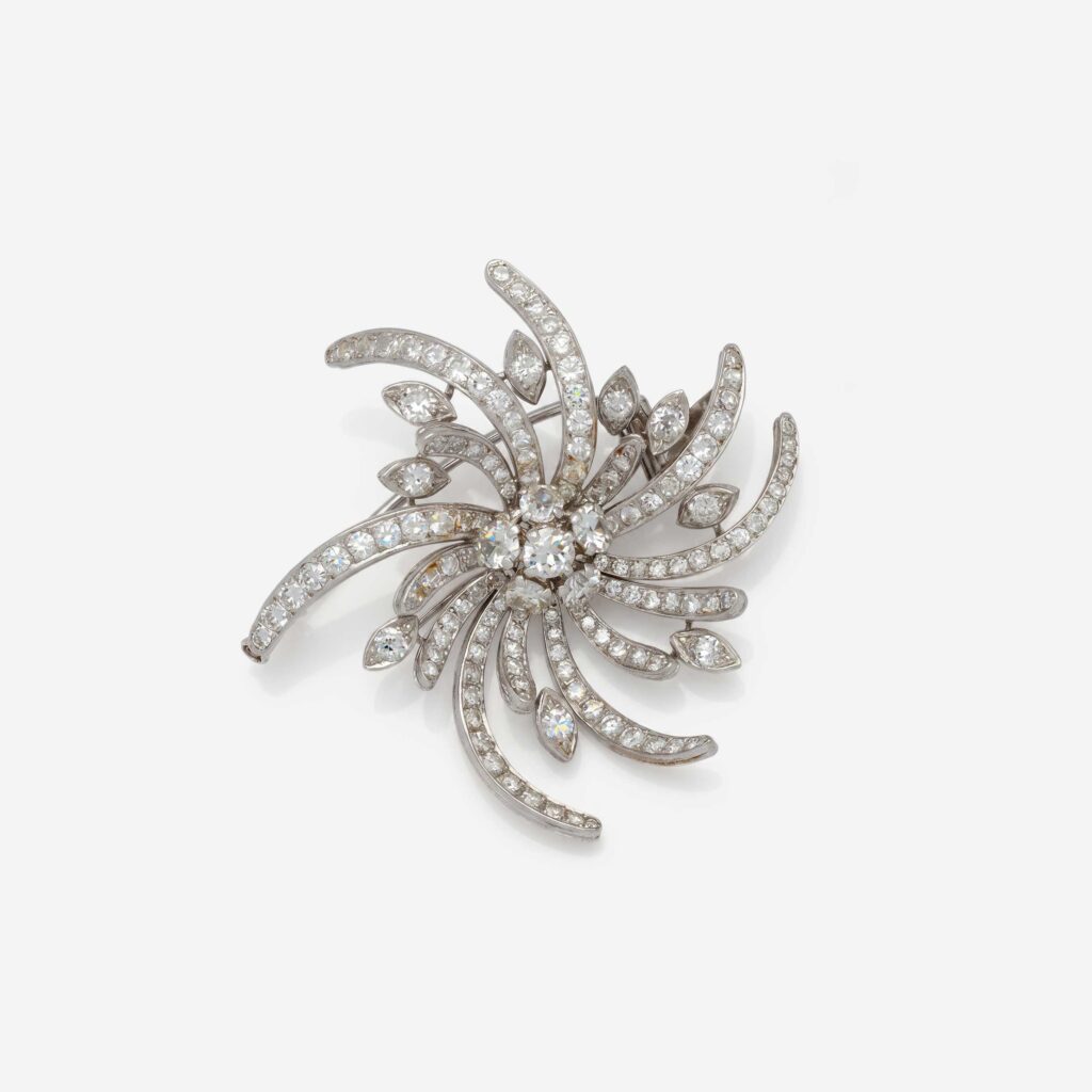 Diamond Swirling Flower Brooch-Pendant in 18K White Gold