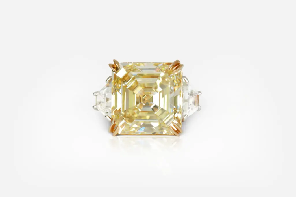 23.84 carat Fancy Yellow Square Emerald Cut VVS2 Diamond Ring GIA